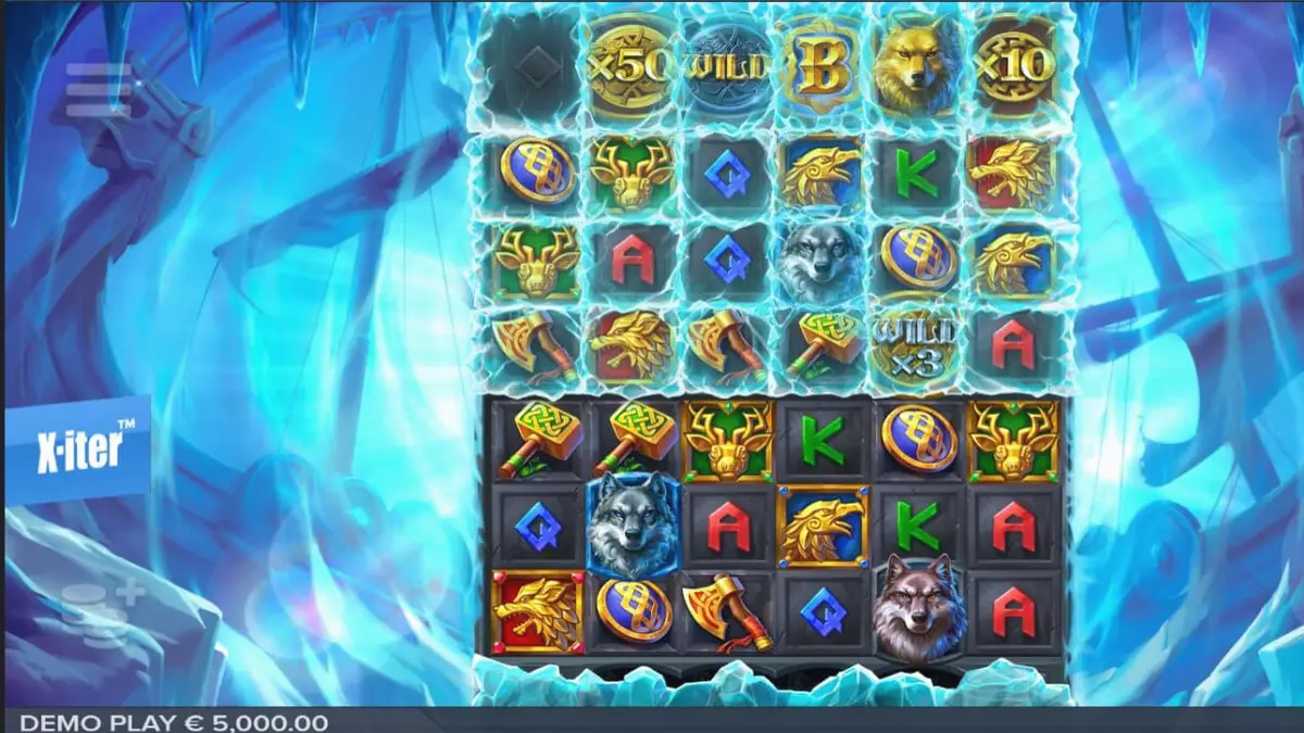 Tampilan visual grid es dan serigala dalam slot Ice Wolf 2