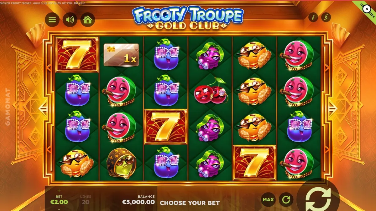 Tampilan visual slot Frooty Troupe – Gold Club dengan tema kemewahan dan simbol buah emas